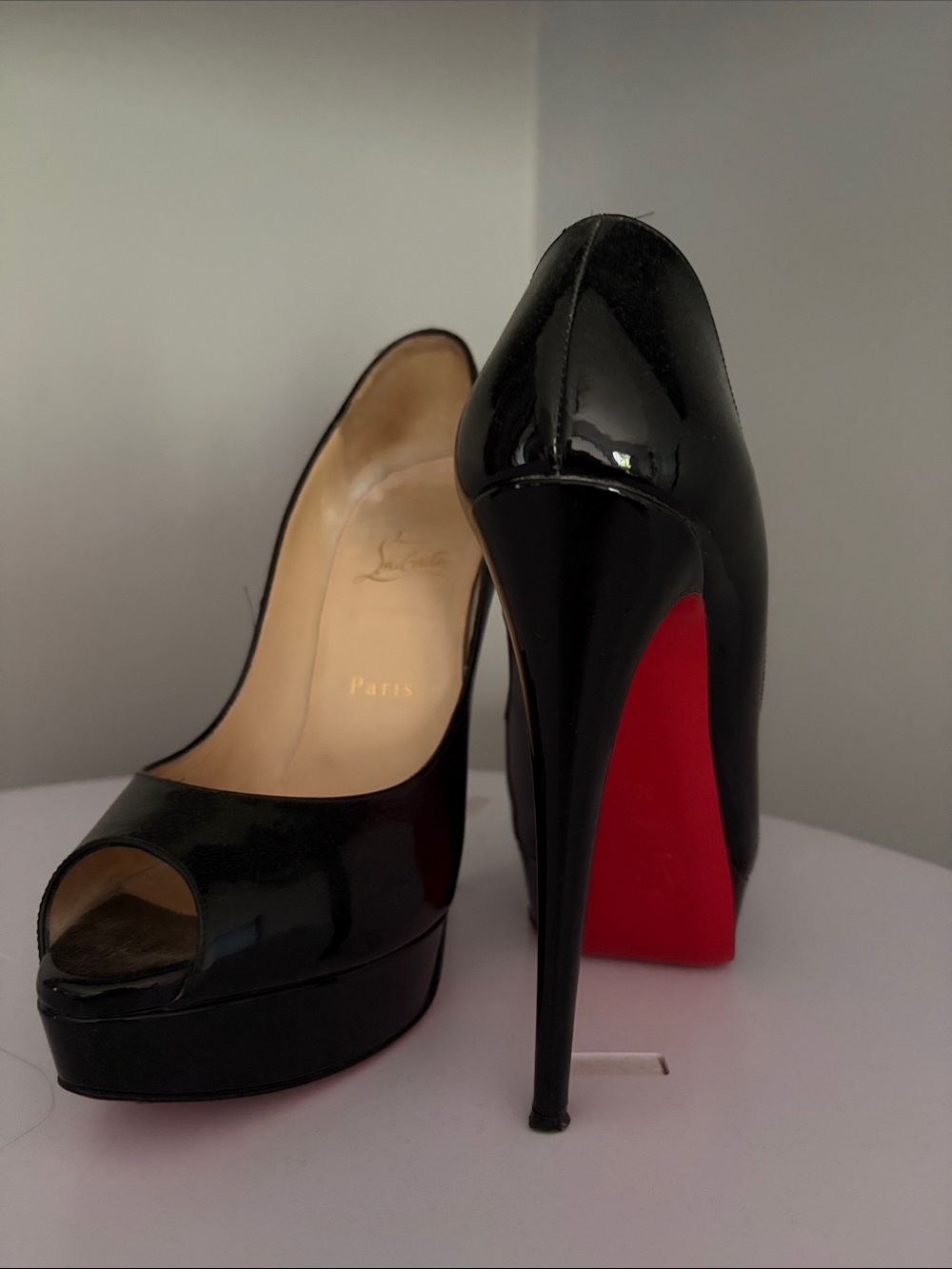 Christian Louboutin Black Patent Leather Peep-Toe Pumps with Red Sole